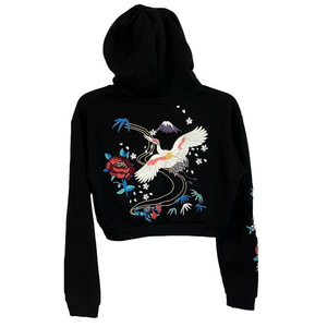 Amnesia Women’s Cropped Hoodie Embroidered Graphic Design Crane Print Back Small